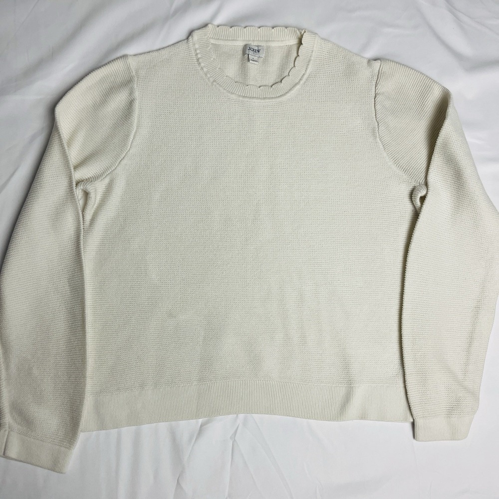 J.Crew Women's Large Scalloped Crewneck Sweater Cream Textured Knit L